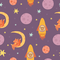 seamless space pattern with cute animals in a rocket. fox on the moon, bear in a rocket. cute doodles animals planets and stars