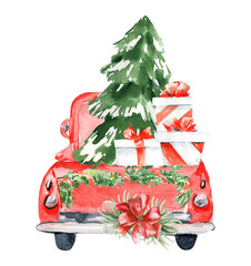 Watercolor red christmas truck clipart, Hand drawn vintage red truck with christmas tree 
Holiday clipart, kawaii christmas, baby christmas gift decor, greeting card