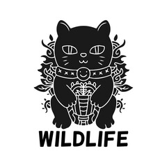 Cool japan cat character in tribal style, with wildlife typography, illustration for poster, sticker, or apparel merchandise.With tribal and hipster style.