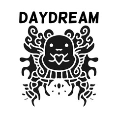 Cool alien character holding heart in abstract style, with daydream typography, illustration for poster, sticker, or apparel merchandise.With tribal and hipster style.