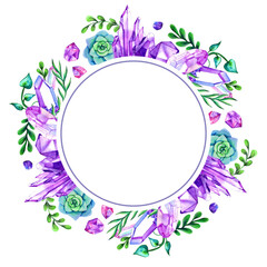 Watercolor crystal wreath with succulents and leaves. Hand drawn illustration isolated on white background.
