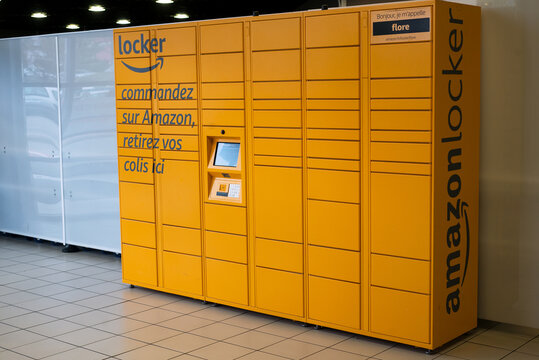 Mulhouse - France - 5 November 2020 - View of amazon locker machine at the supermarket gallery