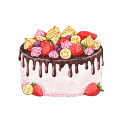 Watercolor pink cake with strawberries, chocolate, marshmallows, cream, lemon and grapes. Hand drawn illustration isolated on a white background.