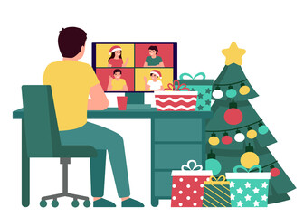 Man communication with group people online on Christmas holiday, back view. Fir tree, gift, desktop and greeting Christmas and New Year. Video call on computer, virtual meeting friends on Xmas. Vector