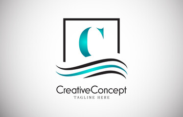 C blue letter logo design with frame swoosh. Creative monogram design vector illustration.
