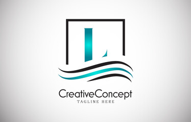 L blue letter logo design with frame swoosh. Creative monogram design vector illustration.
