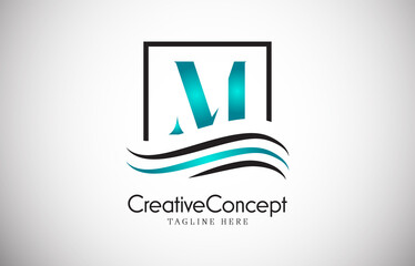 M blue letter logo design with frame swoosh. Creative monogram design vector illustration.
