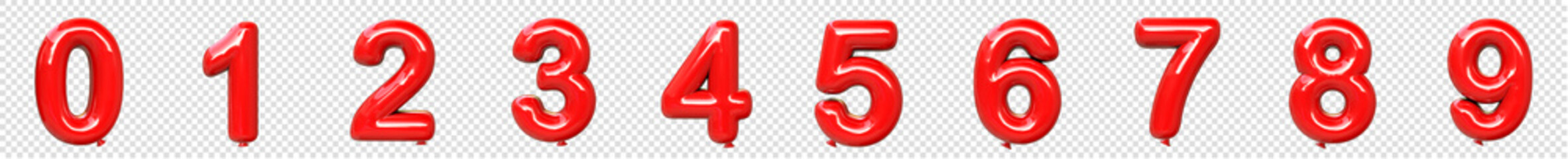 Red inflatable balloons number 0, 1, 2, 3, 4,  5, 6, 7, 8, 9. Transparent background. 3d illustration