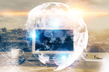 Multi exposure of business theme icons and work space with computer background. Concept of success.