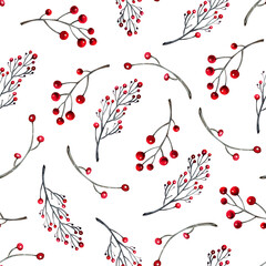 Watercolor seamless christmas pattern with berries.