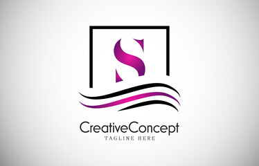  S purple letter logo design with frame swoosh. Creative monogram design vector illustration.
