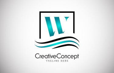 Fototapeta premium W blue letter logo design with frame swoosh. Creative monogram design vector illustration. 
