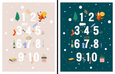 Winter childrens poster with numbers from one to ten and elements for Christmas decor for learning numbers. Merry Christmas and Happy New Year. Santa Claus, Christmas tree, toys.