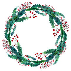 Hand drawn watercolor wreath with green fir branches and berries. Round frame for Christmas cards and winter design.