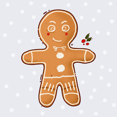 Illustration of a Christmas gingerbread man. Can be used as a postcard or as a sticker with no background.