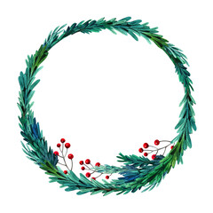 Hand drawn watercolor wreath with green fir branches and berries. Round frame for Christmas cards and winter design.