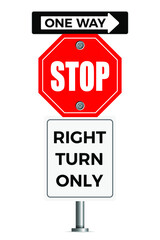 Stop sign: One Way, Turn Right Only. Traffic sign concept. Eps10 vector illustration.
