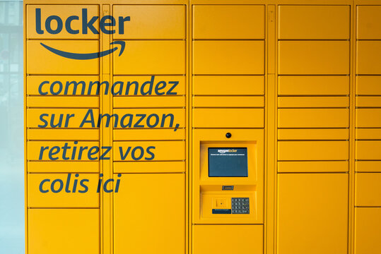 Mulhouse - France - 5 November 2020 - View of amazon locker machine at the supermarket gallery