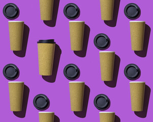Seamless pattern of open paper cups with coffee and one closed.