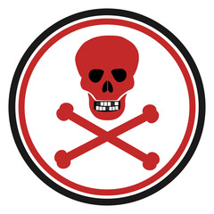 Red round danger sign with skull and crossbones symbol. Deadly danger sign, warning sign. Prohibited actions concept. Vector illustration.