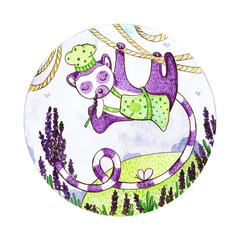cute lemur with lavender, hand drawn watercolor illustration isolated on white background