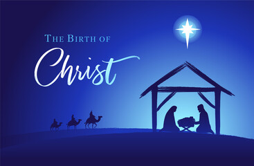 Birth of Christ, Holy family and manger. Baby Jesus reaching the three wise kings bear gifts and star of Bethlehem, nativity Christmas graphics design. Vector illustration Mary and Joseph in silhouett