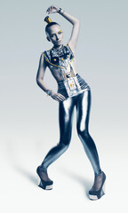 bizarre alien woman in silver costume