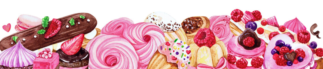 various french sweets border, eclairs, meringue, macarons, madeleine, petitsfours, hand drawn watercolor illustration isolated on white background