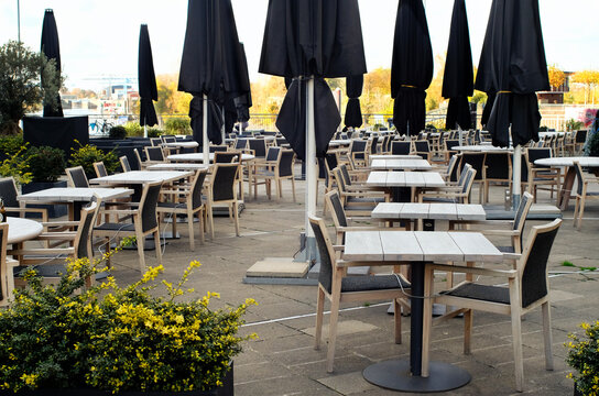 Gastronomy lockdown, closed restaurant outdoor terrace in Germany due to corona epidemic, chairs and tables, no guests, symbol picture,