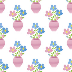 Vases of Forget-Me-Not floral seamless vector pattern background. Backdrop of painterly watercolor effect pink blue mysotis flowers in beautiful containers. Hand drawn botanical design. All over print