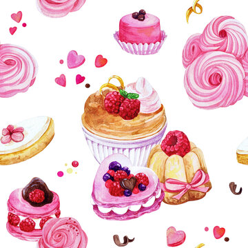 various french sweets seamless pattern, macarons, meringue, petitsfours, hand drawn illustration on white background