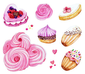 french sweets set, beautiful meringue, watercolor illustration isolated on white background