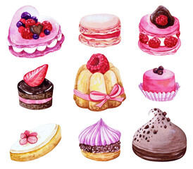 french sweets set, meringue, petitsfours, calisson, macaron, watercolor illustration isolated on white background