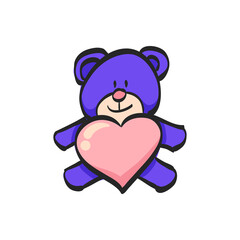 Teddy holding heart shape icon in color drawing. Valentine love couple present