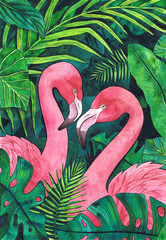 Pink flamingos and tropical leaves, hand drawn watercolor illustration