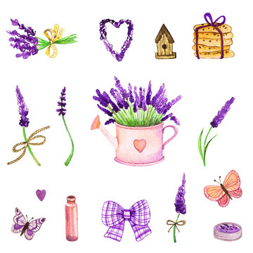 Hand drawn watercolor provence set. Provence clipart collection. Watering can with lavender flowers, bottle, butterfly, bow