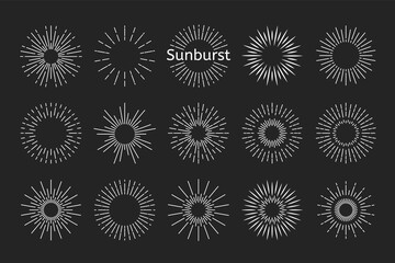 Sunburst beams logo. Sun burst doodle beam. Radial sunrise vector icon set.
