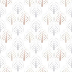 Pastel blue brown trees folk art seamless vector pattern background. Painterly Scandinavian forest plants on white backdrop. Hand drawn stylized geometric damask effect all over print for self-care