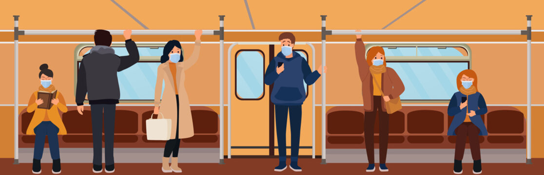 People in subway, male and female characters with protective masks on faces. Humans sitting and standing in metro. Coronavirus pandemic. Vector illustration.