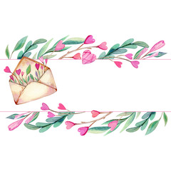 Fototapeta premium Hand drawn watercolor frame for Valentine's Day with cute wooden heart, twigs and leaves