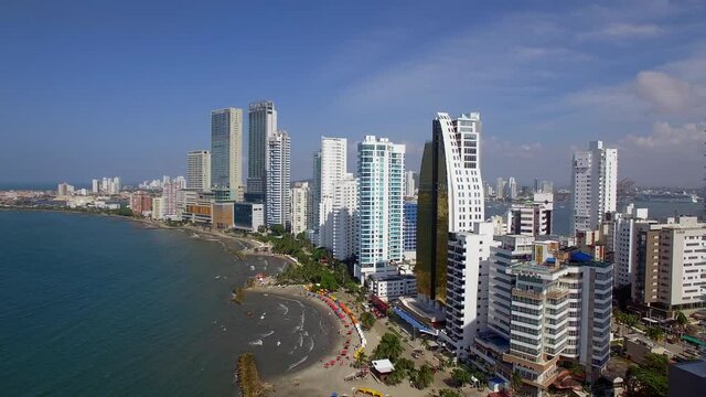 Aerial view of beaches and high rise buildings in the Bocagrande neighbourhood during summer in Cartagena de Indias, Caribbean Coast Region, Colombia.	