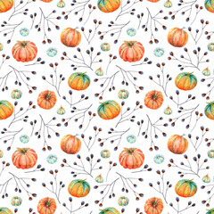 Pumpkins Seamless Pattern. Watercolor pumpkins, wild grass, flowers