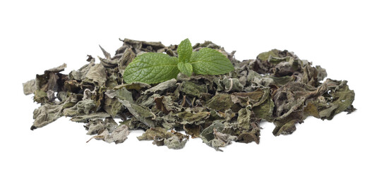 Pile of dry mint leaves isolated on white background