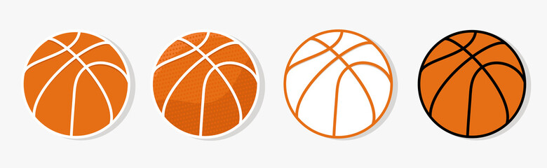 Set of isolated basketball balls on a gray background. Icons and stickers for website and application design. Stock illustration.