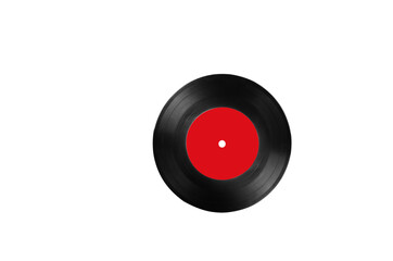 single old vinil record with red blank label isolated on white background