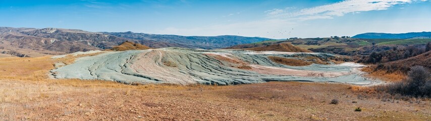 Panoramic view of a large active mud volcano