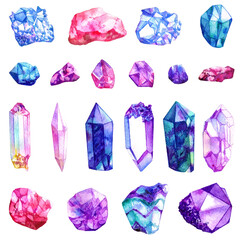 Watercolor crystal gems set. Hand drawn illustration isolated on white background.