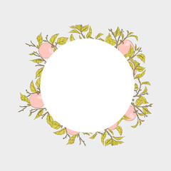 Round frame for your text. Digital watercolor apple tree branch with fruits and leaves.