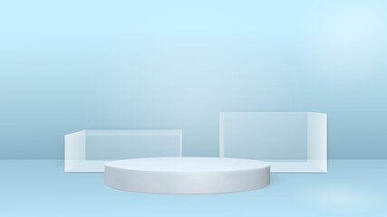 Scene with glass geometric shapes. Minimal style. Round podium for the demonstration of cosmetic products. 3d rendering. Pedestal on a blue background. Vector realistic