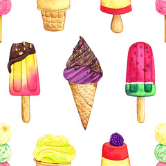 Watercolor colorful ice cream seamless pattern. Hand drawn illustration on white background.